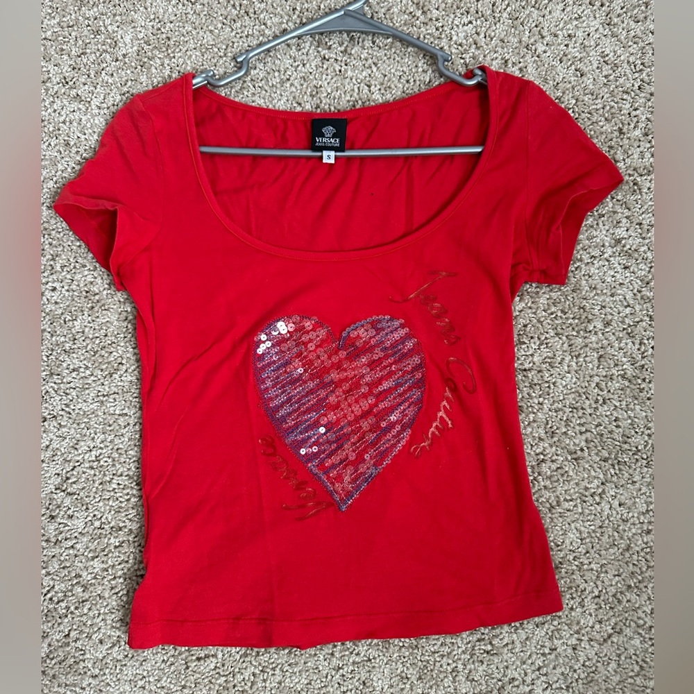 Versace Jeans Collection Red Scoop Neck Sequin Heart Tee